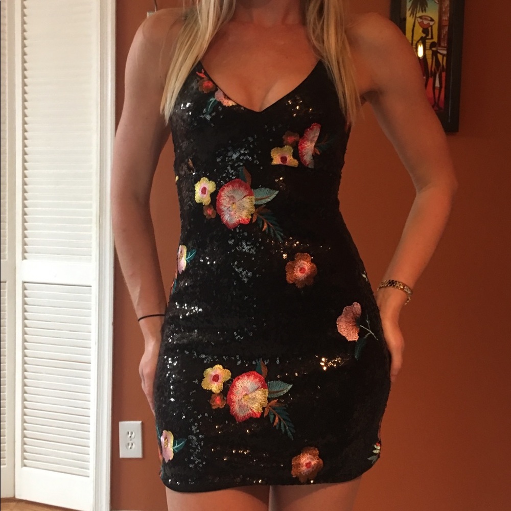 Sexy Black Sequence Floral Dress